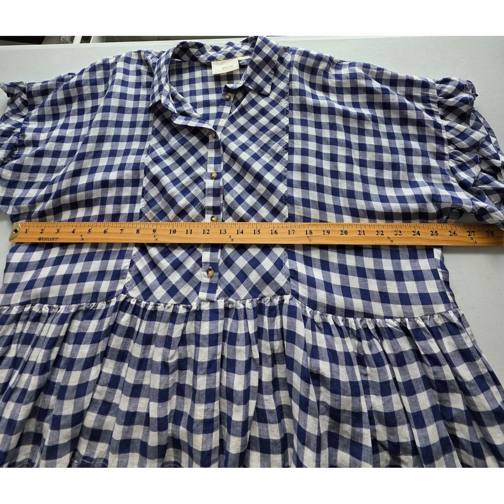 Maeve Anthropologie Navy Gingham Flounced Ruffle Shirt Linen Blend M Oversized - Picture 5 of 10